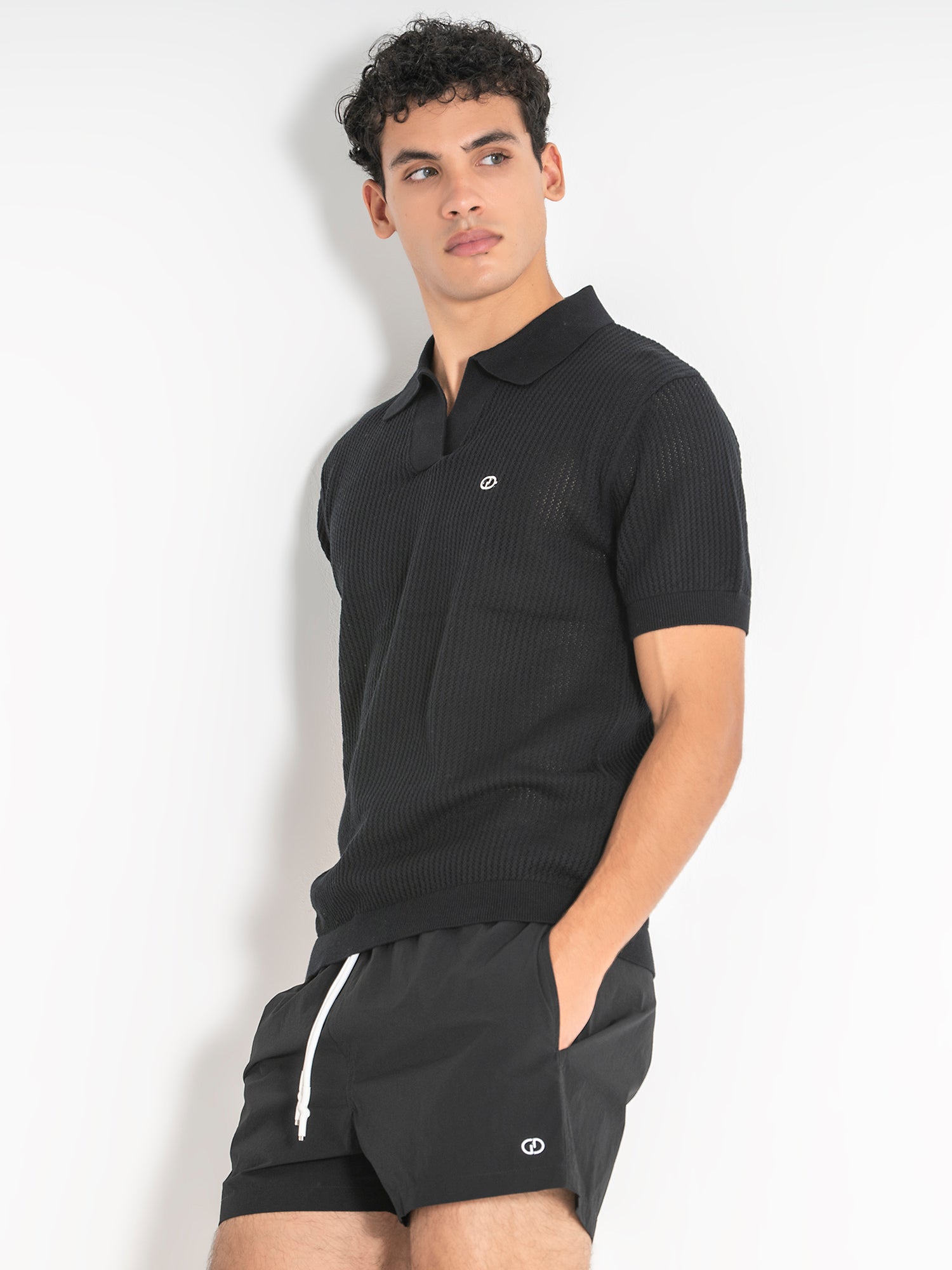 Black Mesh Knit Polo