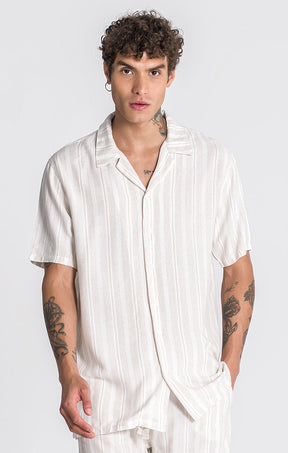 shirts / Beige Linen Striped Hawaiian Shirt