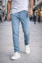 Light Blue Ripped Straight-Leg Jeans