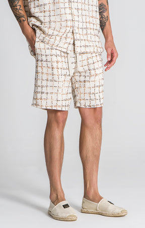 Beige Linen Check Shorts